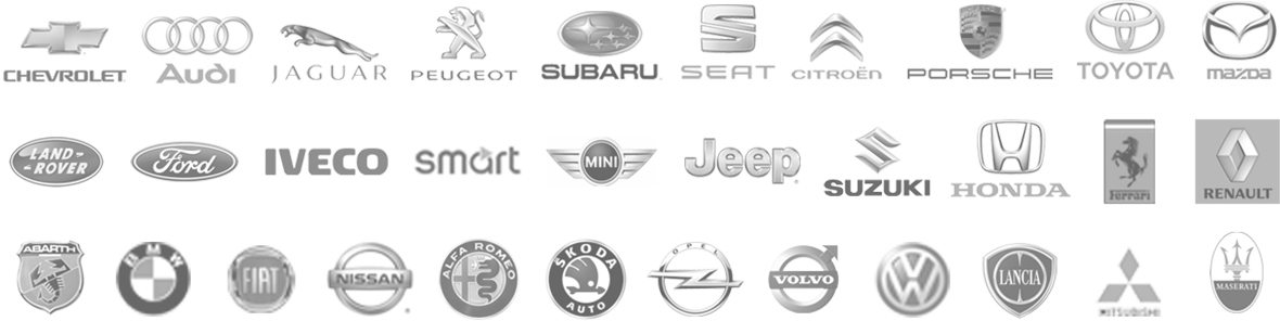 Siamo attezzati per vetture: Chevrolet, Audi, Jaguar, Peugeot, Subaru, Seat, Citroën, Porsche, Toota, Mazda, Land Rover, Ford, Iveco, Smart, Mini, Jeep, Suzuki, Honda, Ferrari, Reanult, Abarth, BMW, Fiat, Nissan, Alfa Romeo, Skoda, Opel, Volvo, Volkswagen, Lancia, Mitsubishi, Maserati